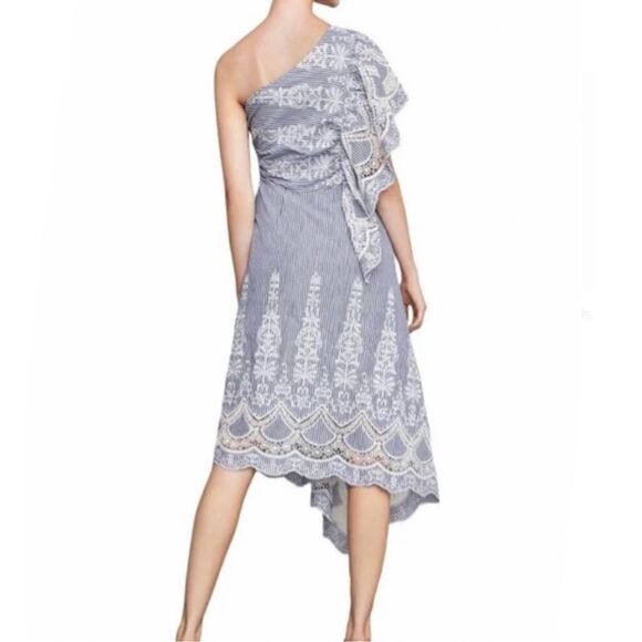 NWOT BCBGMAXAZRIA BCBG One Shoulder Embroidered Stripe Dress Blue Combo Size 14 - Picture 3 of 14